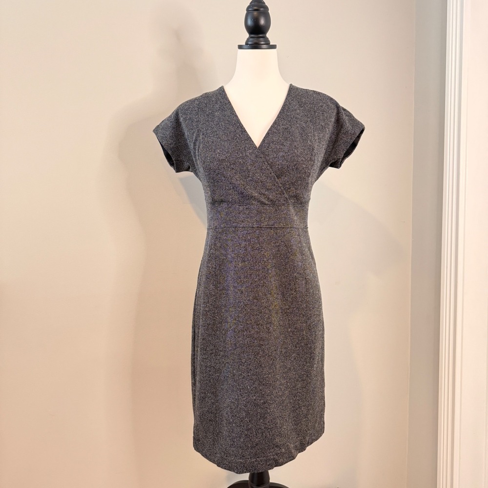 Lark & Ro Women's Gray Tweed V Neck Short Sleeve Sheath Dress Business Casual